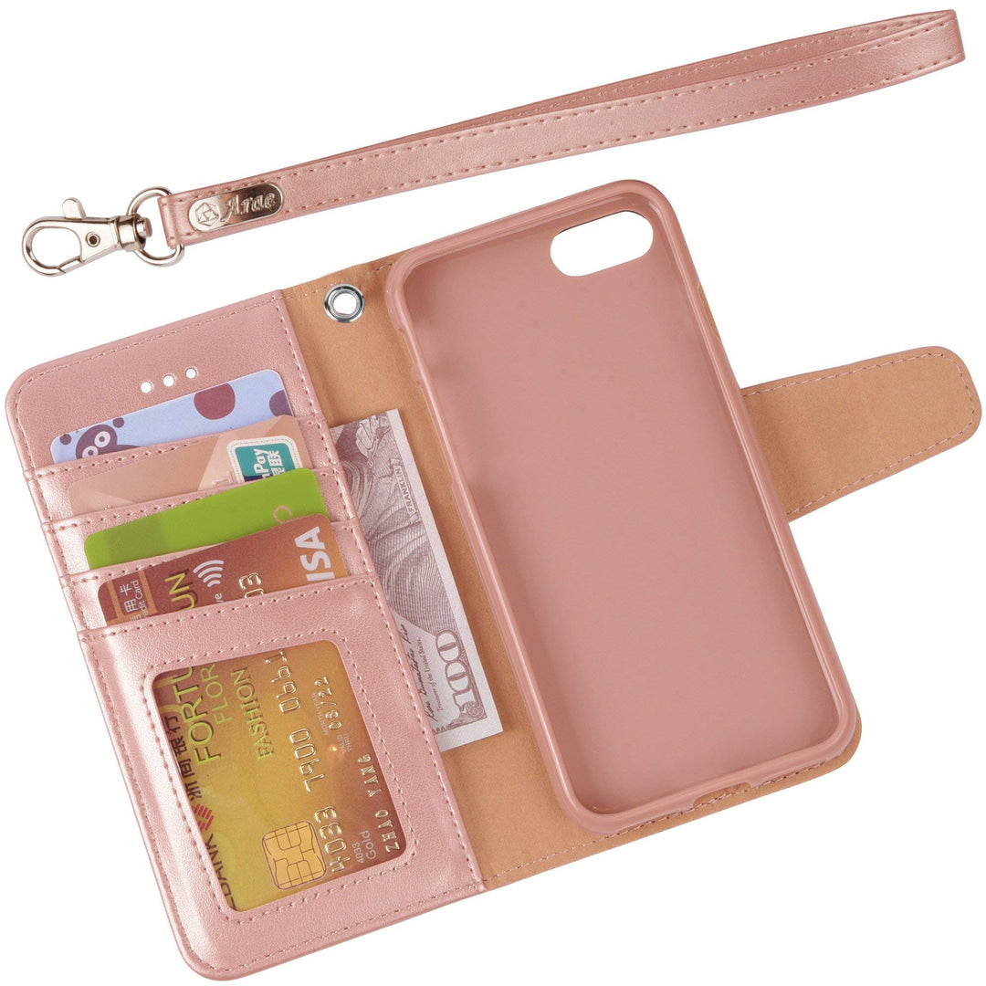 Case for iPhone SE 2022 / iPhone SE 2020 / iPhone 8 / iPhone 7, Wallet Case with Card Holder PU Leather Flip Cover, Rose Gold
