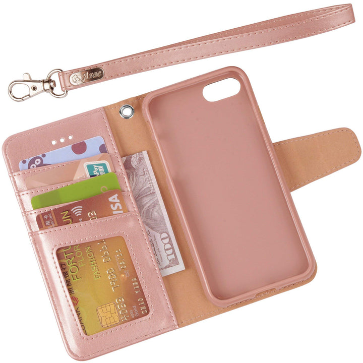 Case for iPhone SE 2022 / iPhone SE 2020 / iPhone 8 / iPhone 7, Wallet Case with Card Holder PU Leather Flip Cover, Rose Gold