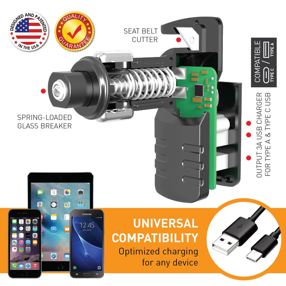 Stinger USB Type C Car Charger Emergency Escape Tool: Spring Loaded Window Breaker Punch, Seat Belt Cutter, 1 USB-C Port + 2 USB-A Ports Cigarette Charger, 3.0A Max Output (1 pc Black)