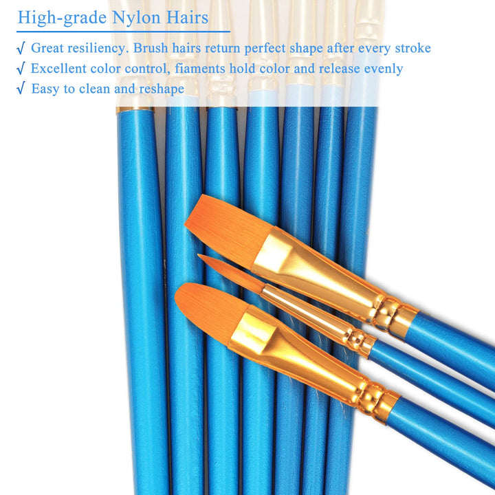 Paint Brush Sets, 10 Pack 100 Pcs Pointed-Round Tip Paintbrushes Nylon Hair Artist Acrylic Paint Brushes for Acrylic Watercolor Oil, Face Art, Model, Miniature Detailing & Rock Painting, Blue