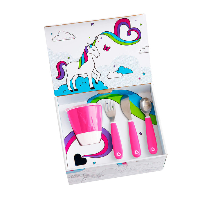 ® Color Me Hungry 7pc Toddler Feeding Supplies Set, Includes Plates, Bowl, Open Cup and Utensils in a Gift Box, Pink