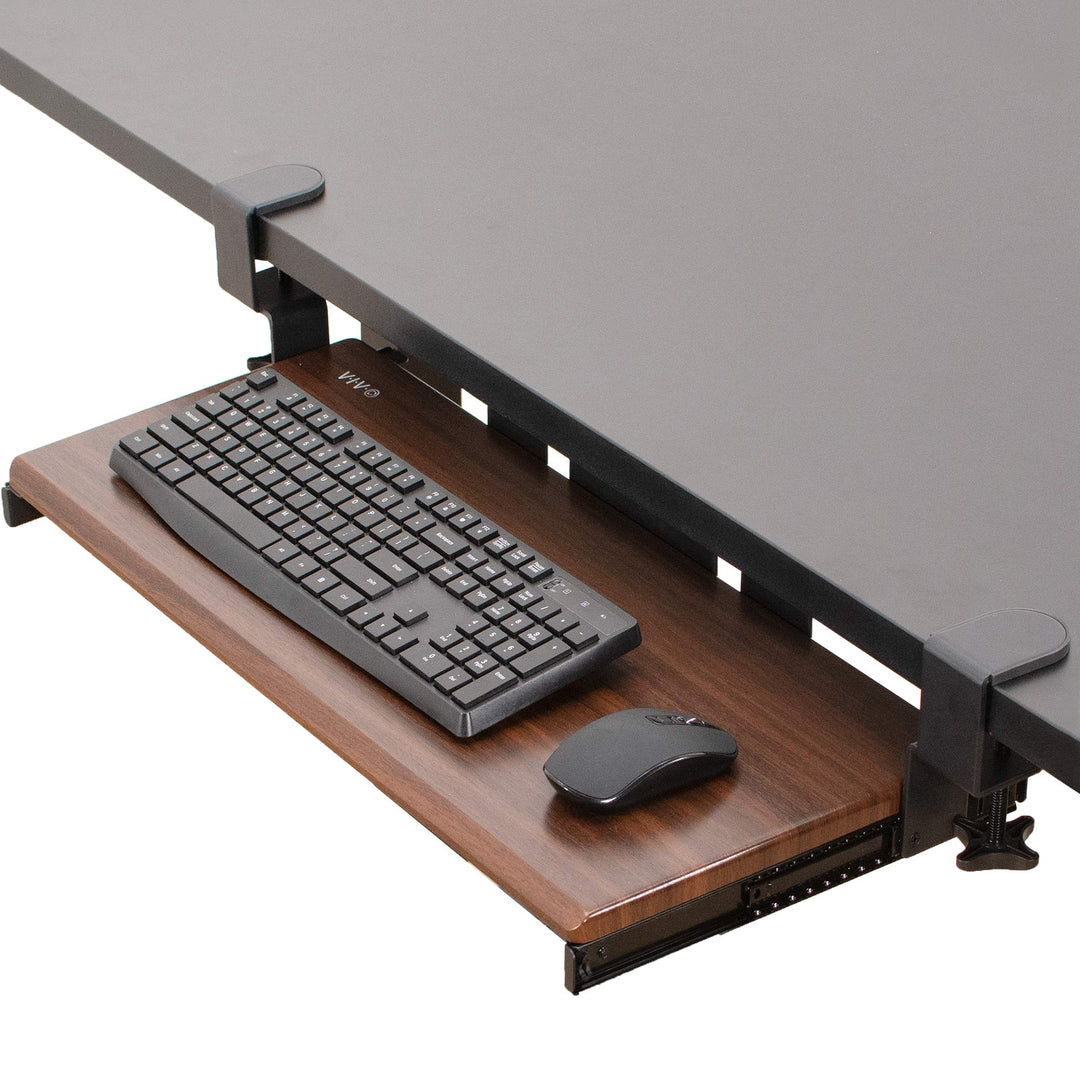 Large Clamp-on Computer Keyboard and Mouse Under Desk Slider Tray, 27 x 11 inch Pull Out Platform Drawer, Dark Wood, MOUNT-KB05D