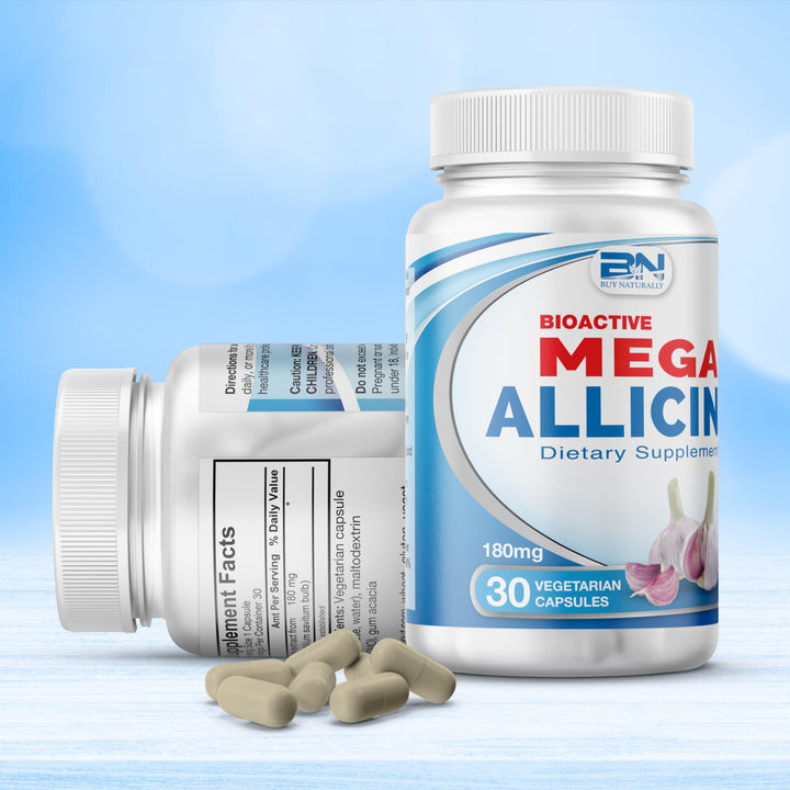 100% Pure Stabilized Allicin from Garlic, Odor-Controlled by Mega Allicin | 180,000mcg (180mg) Vegetarian (vCAPS) Non-GMO, Gluten-Free | Derived from Allium Sativum (30 Count)