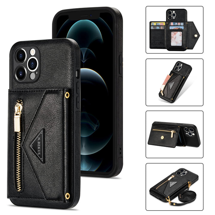 Wallet Crossbody for iPhone 13 Pro Max Phone Case with Lanyard Strap Credit Card Holder 6.7'', PU Leather Protective Handbag Zipper Purse Kickstand Cover Women Girl (Black)