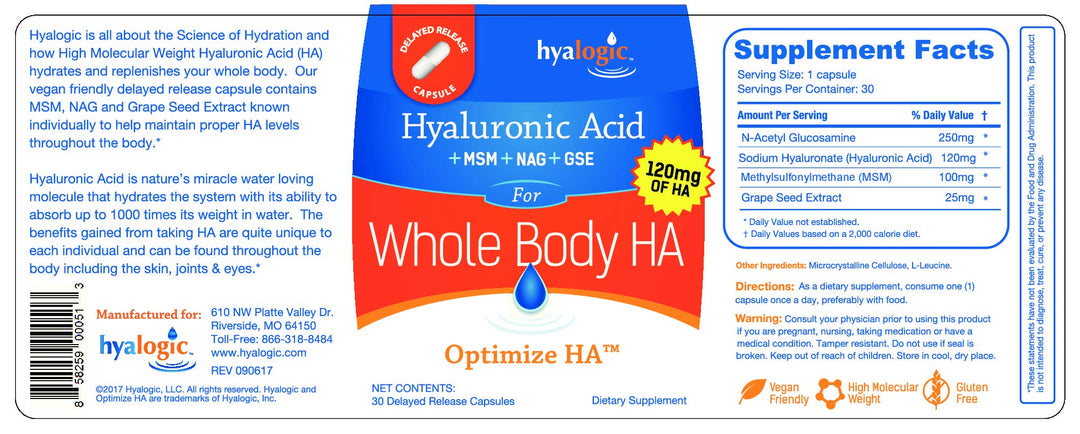 Hyaluronic Acid 120 mg Delayed Release Capsules | Combo Formula w/Glucosamine MSM | Support Healthy Eyes and Skin and Overall Body | Promote Healthy Skin | Non-GMO (30 Count)