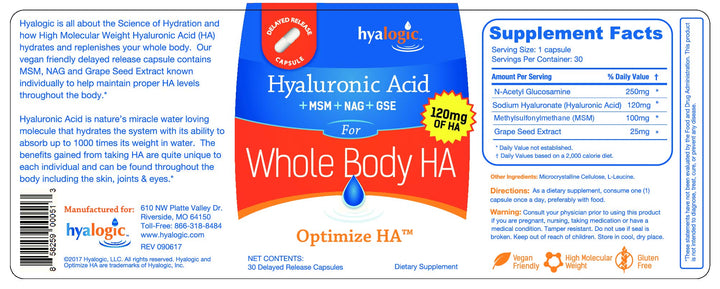 Hyaluronic Acid 120 mg Delayed Release Capsules | Combo Formula w/Glucosamine MSM | Support Healthy Eyes and Skin and Overall Body | Promote Healthy Skin | Non-GMO (30 Count)