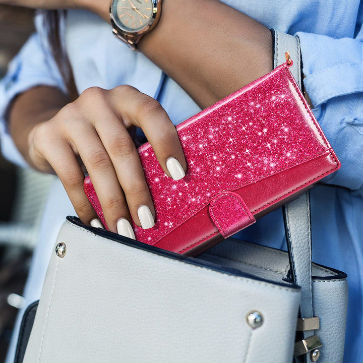 Wallet Case Compatible Galaxy S22 Ultra Flip Folio Cover with Card Slots Kisckstand Wrist Strap Girls Women Glitter PU Leather Compatible with Samsung Galaxy S22 Ultra Glitter Rose Red