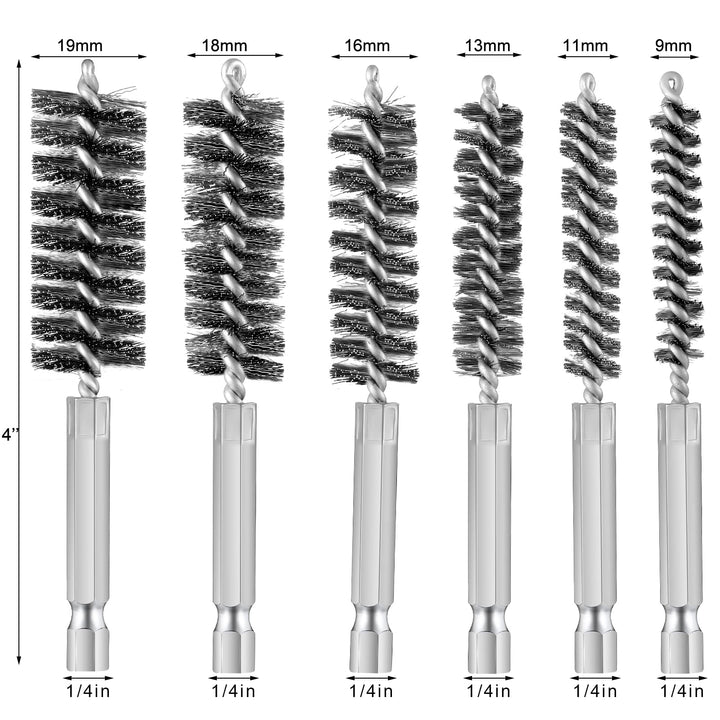 6 Pieces Bore Brush in Different Sizes Twisted Wire Cleaning Brush with Handle 1/4 Inch Hex Shank for Power Drill Impact Driver, 4 Inch Long (9 mm, 11 mm, 13 mm, 16 mm, 18 mm, 19 mm,Stainless Steel)