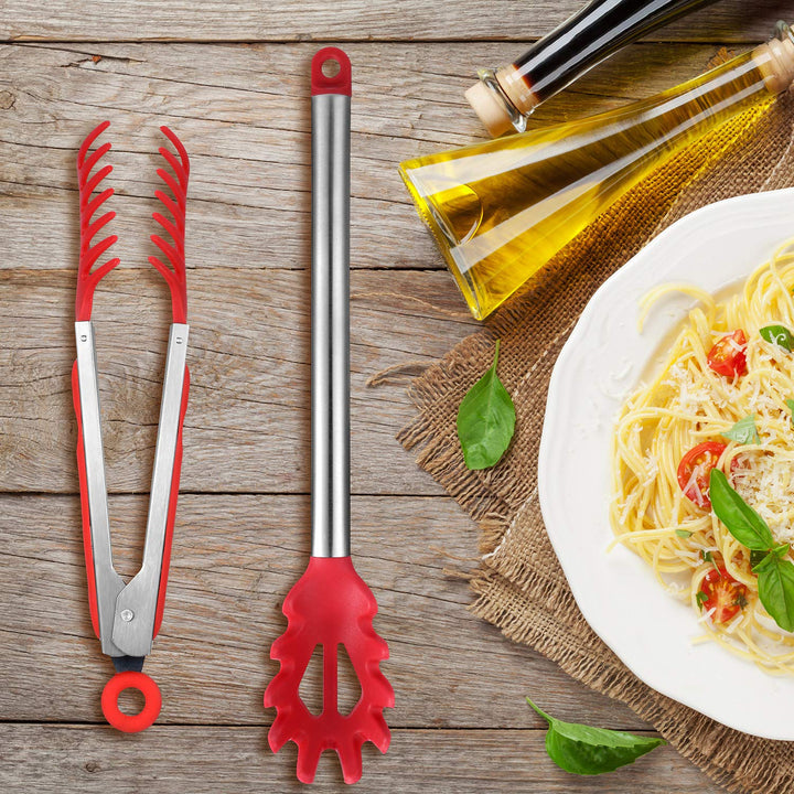 2 Pieces Pasta Fork Large Spaghetti Spoons Set, 13 Inch Stainless Steel Spoon Server Noodle Spoon and 9.8 Inch Food Serving Tong for Christmas Kitchen Cooking Baking Tools