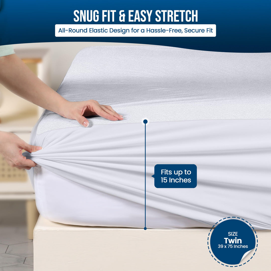 Waterproof Mattress Protector Twin Size, Premium Terry Mattress Cover 200 GSM, Breathable, Fitted Style with Stretchable Pockets (White)