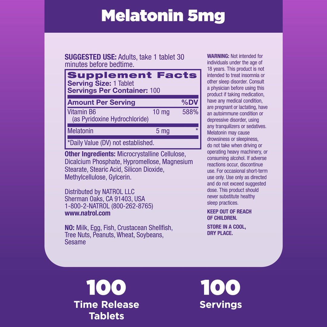 Melatonin 5 mg Time Release, Dietary Supplement to Minimize Wake Ups, Nighttime Sleep Aid, 100 Tablets, Up to a 100 Day Supply