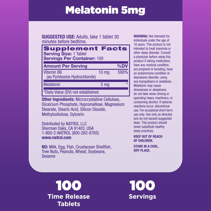 Melatonin 5 mg Time Release, Dietary Supplement to Minimize Wake Ups, Nighttime Sleep Aid, 100 Tablets, Up to a 100 Day Supply