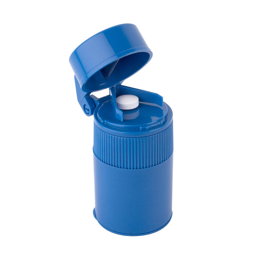 3 Compartment Pill Crusher, Cutter and Grinder, Daily Usage, Safely Cut Pills, Vitamins, Tablets, Accurate and Easy Cutting, Stainless Steel Blade, Removable Drinking Cup, Blue, BPA Free