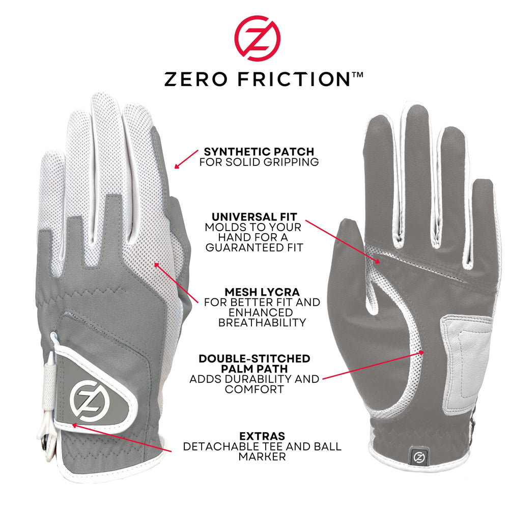 Ladies Compression-Fit Synthetic Golf Glove (2 Pack with Free Pack of tees), Universal Fit One Size, White/Pink