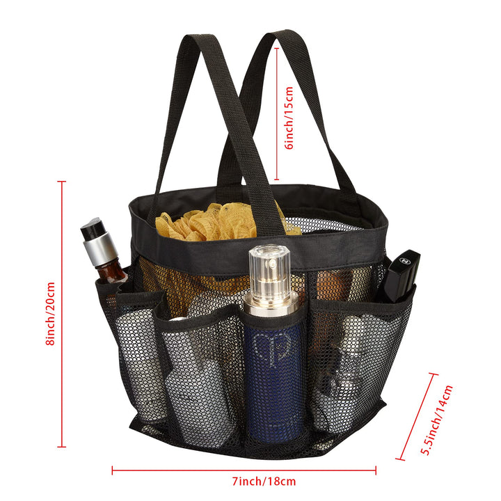 Mesh Shower Caddy Tote Bag 8 Pockets, Hanging Portable Toiletry Bag for Men and Women, College Dorm Essentials Quick Dry Bath Organizer for College Dorms, Gym, Camp (Black)