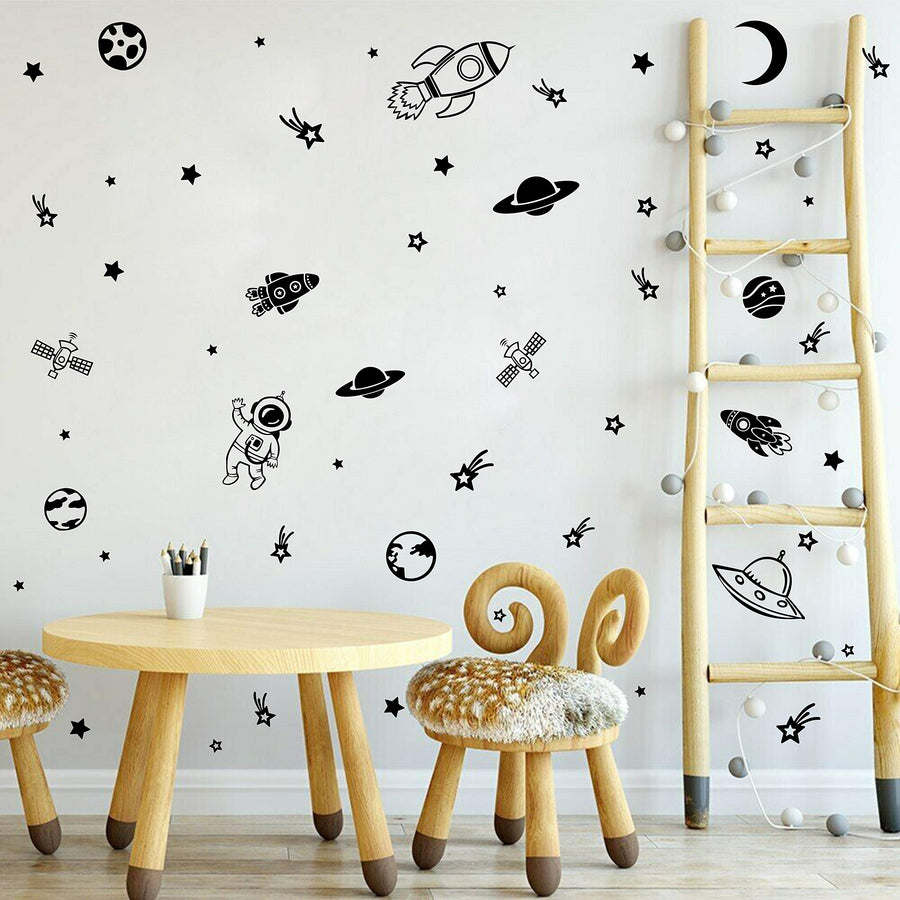 Outer Space Wall Decals for Boys Bedroom Decoration Rockets Planets Stars Wall Stickers Removable Wall Decor for Baby Kids Room (33) (Black)