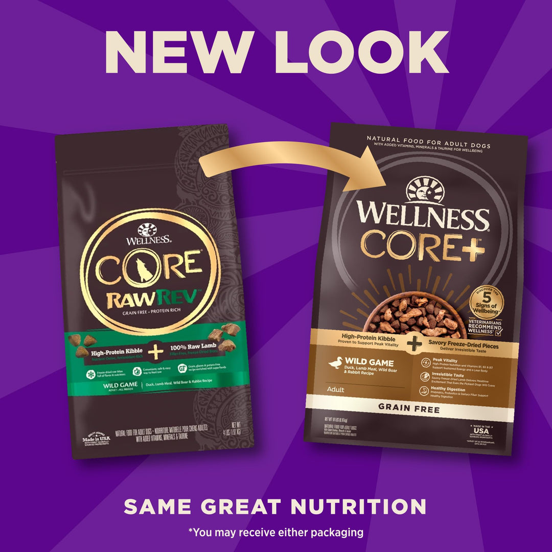 CORE+ (Formerly RawRev) Dry Dog Food with Freeze Dried Pieces, Grain Free, High Protein, Natural, Wild Game Duck, Lamb, Wild Boar, & Rabbit Recipe, (18-Pound Bag)