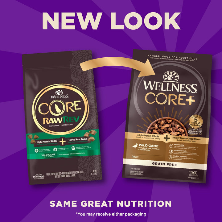 CORE+ (Formerly RawRev) Dry Dog Food with Freeze Dried Pieces, Grain Free, High Protein, Natural, Wild Game Duck, Lamb, Wild Boar, & Rabbit Recipe, (18-Pound Bag)
