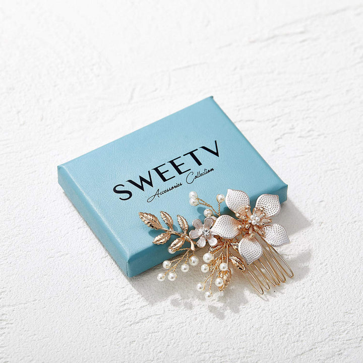 Gold Bridal Hair Clip,Floral Bridal Hair Comb Barrette Flower Hair pieces for Brides Wedding