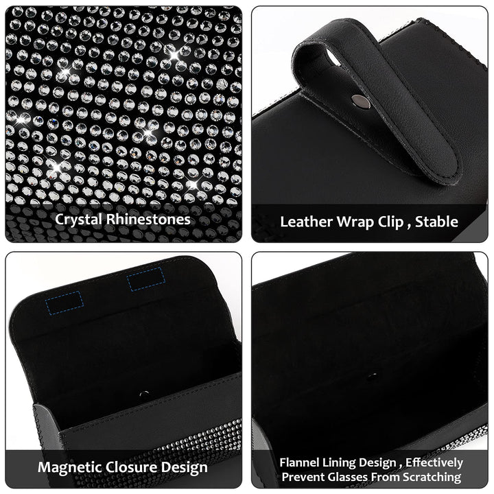 Bling Sunglasses Holder for Car Sun Visor, Sparkling Auto Glasses Clip Case Eyeglasses Protective Box, PU Leather Car Sunglass Storage Organizer for Truck, SUV, RV (Black Crystal)