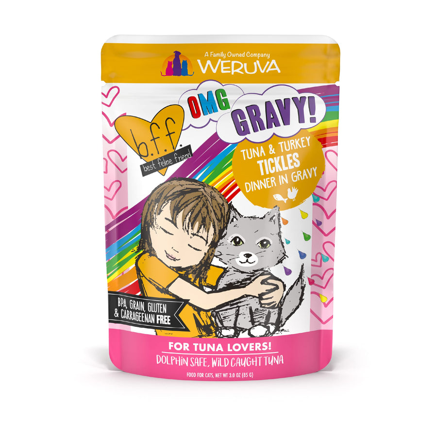 B.F.F. OMG - Best Feline Friend Oh My Gravy!, Tuna & Turkey Tickles with Tuna & Turkey in Gravy Cat Food, 3oz Pouch (Pack of 12)