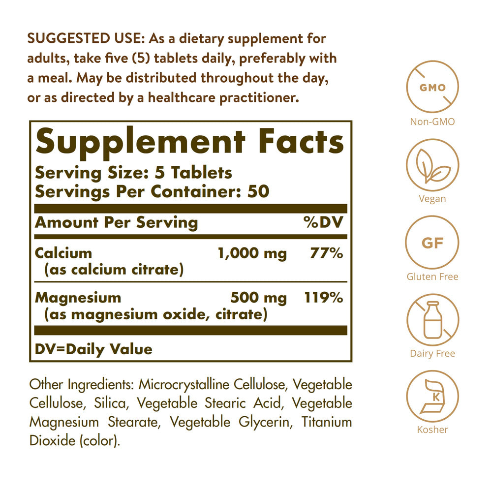 Solgar Calcium Magnesium Citrate, 250 Tablets - Supports Healthy Bones & Teeth - Musculoskeletal & Nervous System Support - Highly Absorbable - Non-GMO, Vegan, Gluten-Free, Dairy Free - 50 Servings