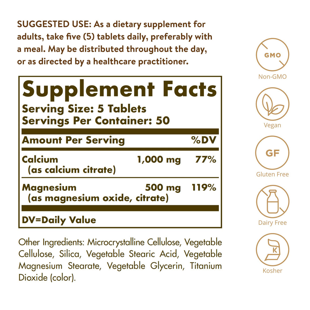 Solgar Calcium Magnesium Citrate, 250 Tablets - Supports Healthy Bones & Teeth - Musculoskeletal & Nervous System Support - Highly Absorbable - Non-GMO, Vegan, Gluten-Free, Dairy Free - 50 Servings