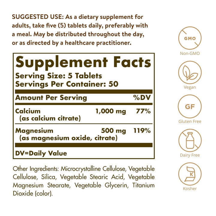 Solgar Calcium Magnesium Citrate, 250 Tablets - Supports Healthy Bones & Teeth - Musculoskeletal & Nervous System Support - Highly Absorbable - Non-GMO, Vegan, Gluten-Free, Dairy Free - 50 Servings