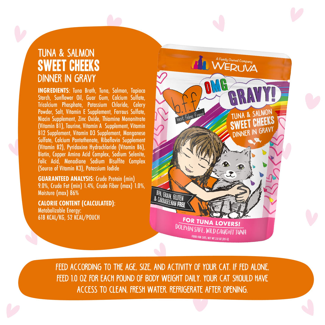 B.F.F. OMG - Best Feline Friend Oh My Gravy!, Tuna & Salmon Sweet Cheeks with Tuna & Salmon in Gravy Cat Food, 3oz Pouch (Pack of 12)