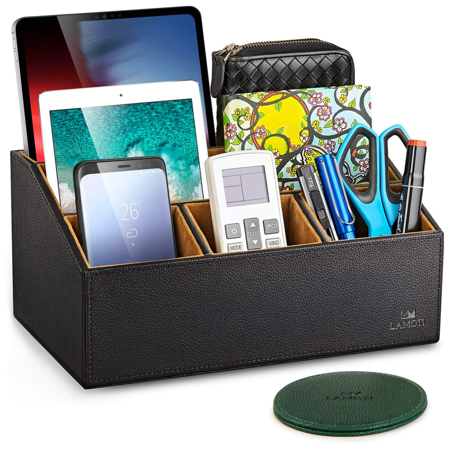 Leather Desk Organizer with a 4 Coaster, Large Capacity 5 Compartments Desktop Unifier, Handcrafted (Black)