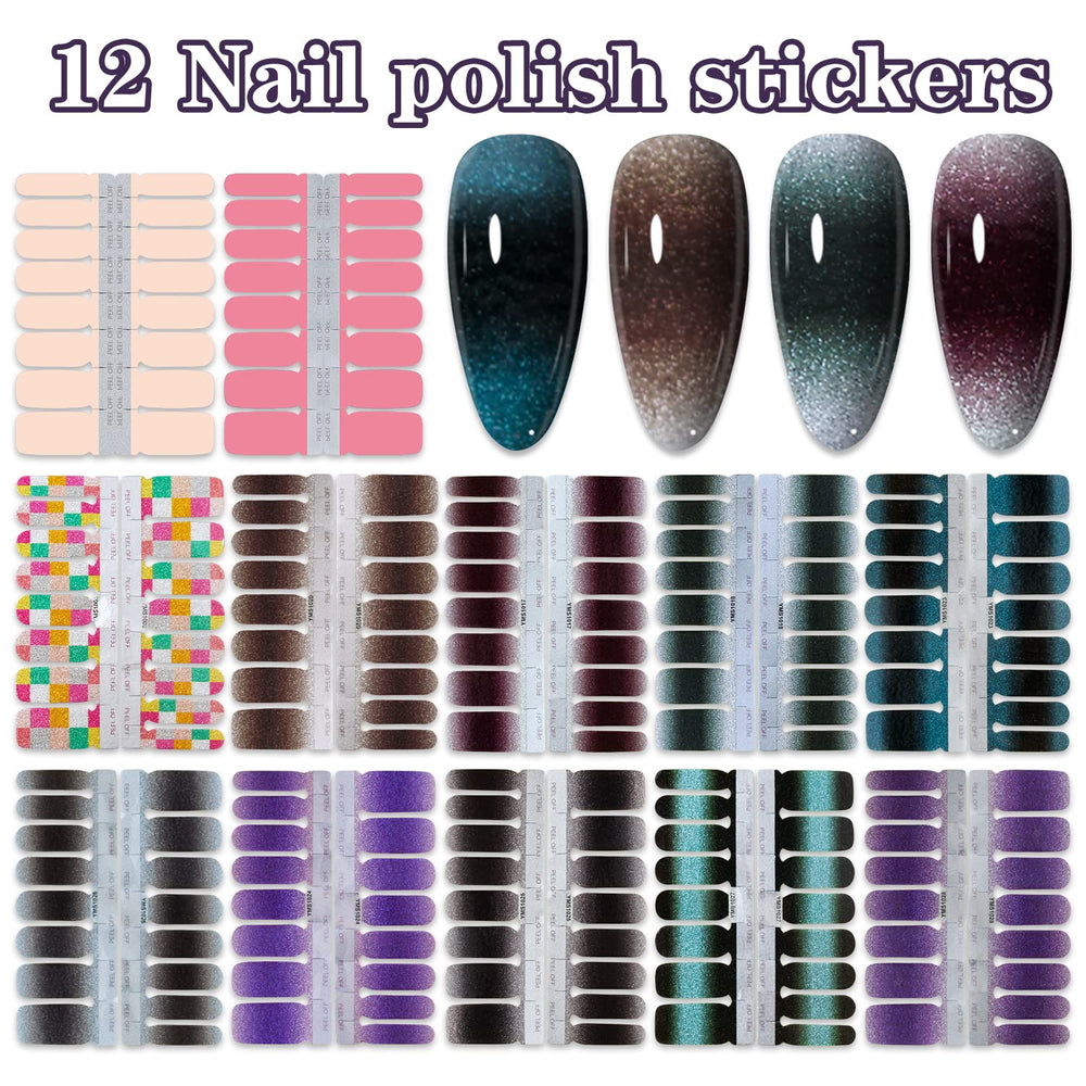 12 Sheets Nail Polish Strips Set Solid Gradient Gel Nail Strips Glitter Nail Stickers Full Nail Wraps For Women Girls Gel Polish Nail Polish Stickers For Women Nails Art Stickers With Nail File