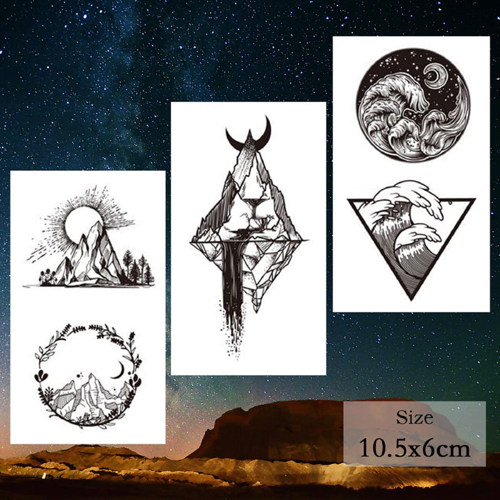 62 Sheets Mountain Temporary Tattoos Stickers, Including Fake Tattoos Waterproof Black Geometry Sun Star Moon Tree Triangle Sea Wave Semi Permanent Tattoos for Adult and Kids
