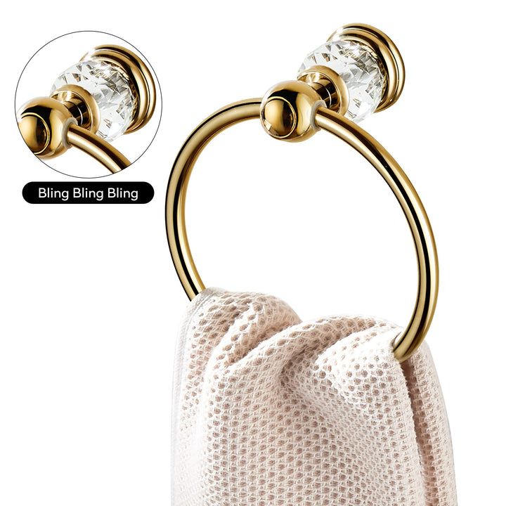 Crystal Towel Ring, Gold Towel Holders for Bathrooms, Round Hand Towel Rack Wall Mounted Decorative