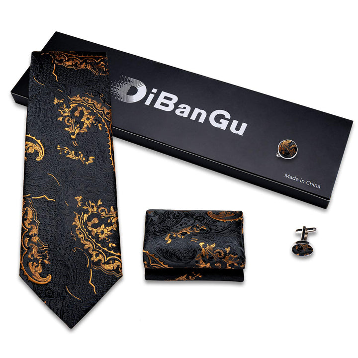 Mens Tie Set Silk Solid Paisley Necktie and Pocket Square Cufflinks Classic Formal Ties for Men Wedding Party, Black Gold