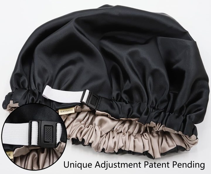 100% Mulberry Silk Lined Bonnet Adjustable Satin Sleep Cap 19 Momme Silk Bonnet for Women Curly,Long Hair Care Black