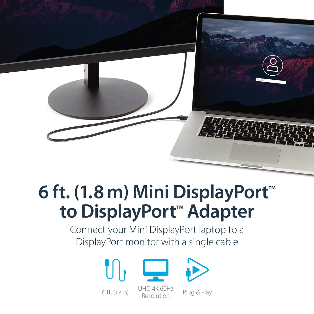 10ft Mini DisplayPort to DisplayPort Cable - M/M - mDP to DP 1.2 Adapter Cable - Thunderbolt to DP w/ HBR2 Support (MDP2DPMM10) , Black