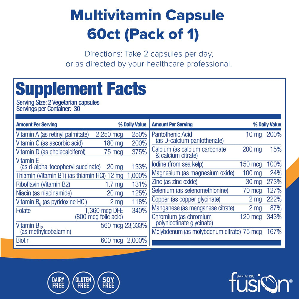 Bariatric Multivitamin Without Iron | Post Bariatric Surgery Patients | Iron Free Bariatric Vitamin for Gastric Bypass and Sleeve Gastrectomy | 60 Capsules | 1 Month Supply