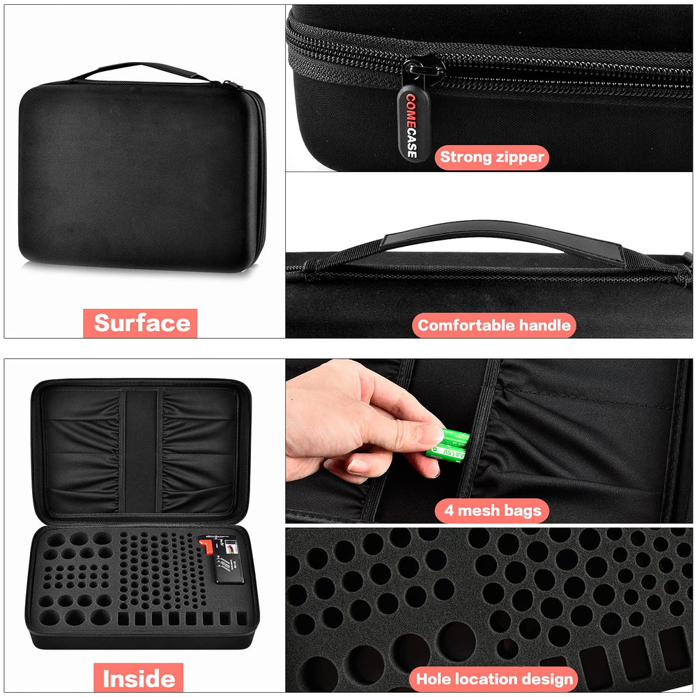 Hard Battery Organizer Storage Box, Carrying Case Bag Holder - Holds 148 Batteries AA AAA C D 9V - with Battery Tester BT-168 (Batteries are Not Included)