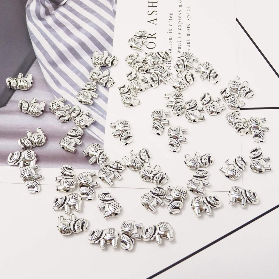 50PCS Antique Silver Lucky Elephant Animal Spacer Beads for Jewelry Making