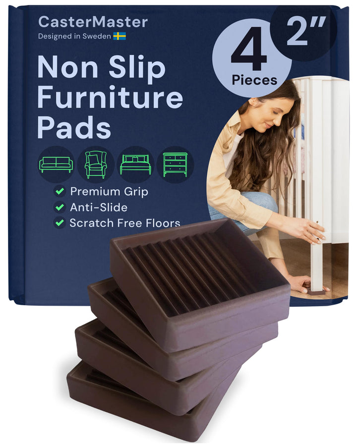 Non Slip Furniture Pads- 2x2 Square Rubber Anti Skid Caster Cups, Leg Coasters- Couch, Chair, Feet, and Bed Stoppers- Anti-Sliding Floor Protectors for Furniture (Set of 4) Brown