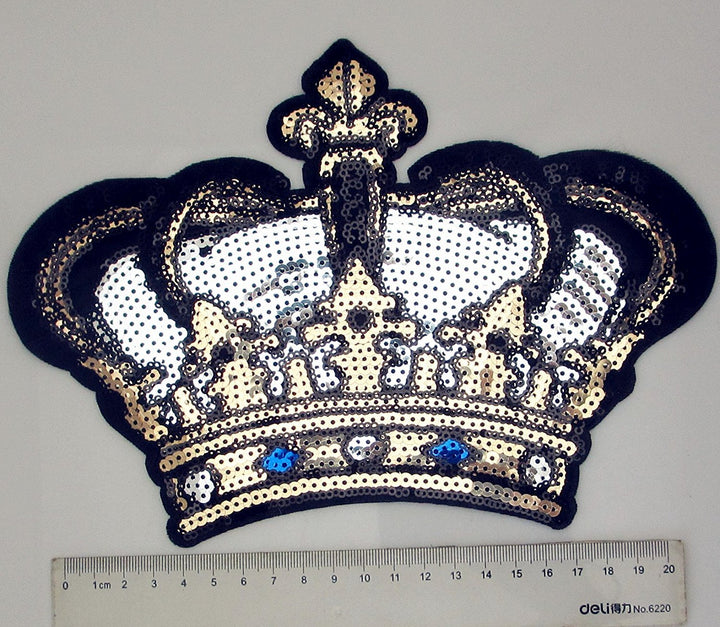 Big Crown Embroidered Patch with Sequins Sew on/Iron on Patch Applique Clothes Curtain Sewing Flowers Applique Home Wedding Party Decoration DIY Accessory (Crown)