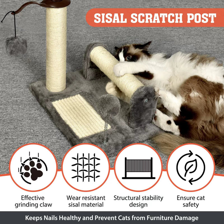 Petellow Cat Scratching Post and Pad, Cat Scratching Posts for Indoor Cats, Natural Sisal-Covered Cat Scratch Post and Pads with Cat Play Ball, Cat Scratcher for Kittens and Cats-Grey