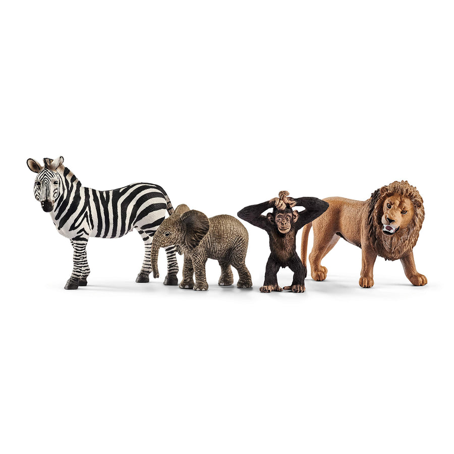 Wild Life Africa Starter Set – 4-Piece Wildlife Animal Set for Ages 3+, Featuring, Zebra, Elephant Calf, Lion, Chimpanzee