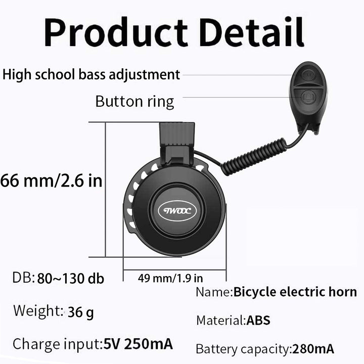 Electric Bike Horn 100dB Rechargeable - Waterproof Electronic Bicycle Bell with 4 Sound Modes & Easy Mount for Mountain Bikes, Kids Bikes, Adult Bicycles (Black)