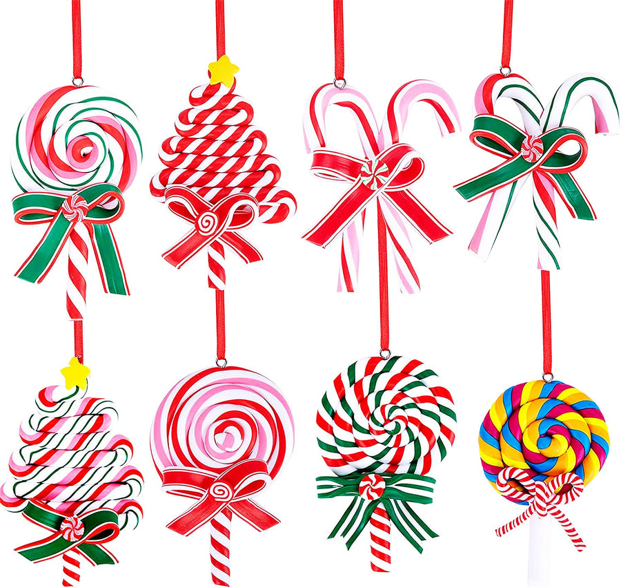 8 Pieces Christmas Lollipop Ornaments,Christmas Candies Polymer Clay Ornament,Xmas Decor Candy Cane Hanging Decorations,Sweets Candy Pendant Xmas Tree Party Supplies