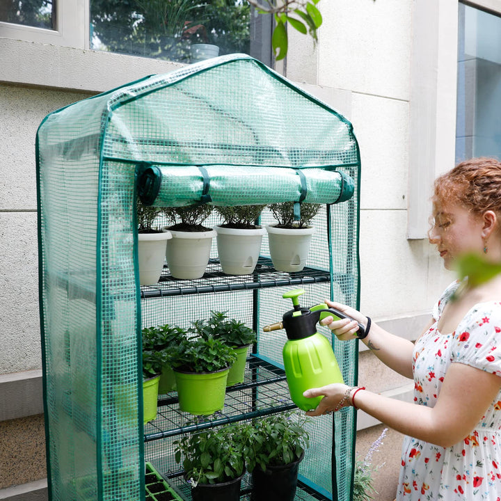 Garden 4 Tier Mini Greenhouse - 63'' H x 27'' L x 19'' W - Sturdy Portable Gardening Shelves with Durable PE Cover w/ Roll-Up Zipper Door- Small Green House Indoor & Outdoor for Plants Flowers
