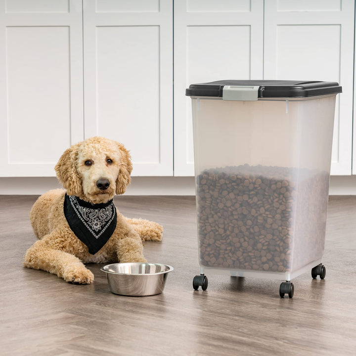 USA Airtight Dog Food Storage Container, Up to 54 lbs, Attachable Wheels, For Dog Cat Bird and Other Pet Food Storage Bin, Keep Fresh, Translucent Body, Easy Mobility, Black