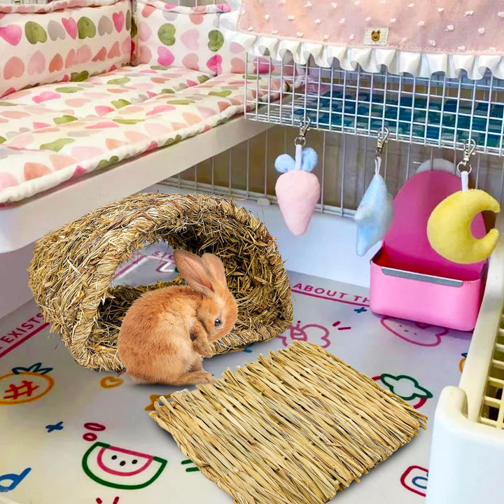 Bunny Grass Tunnel,Rabbit Grass Bed,Natural Straw Woven Mat Winter Warm Hideaway Hut for Rabbit Gerbil Ferrets Guinea Pig Chinchilla (Small).