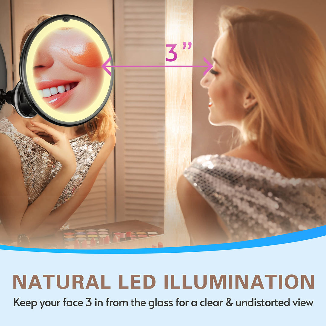 Upgraded 10x Magnifying Lighted Makeup Mirror with Touch Control, Powerful Locking Suction Cup, and 360 Degree Rotating Arm, Magnifying Mirror with Lights for Home, Bathroom Vanity and Travel