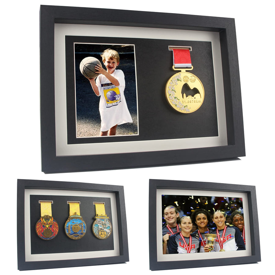 Medal Display Shadow Box - 3 Medal Display case - Perfect Medal Display for Runners, Marathon, RECE Winner, Soccer, Football, Gymnastics & All Sports (A4, black)